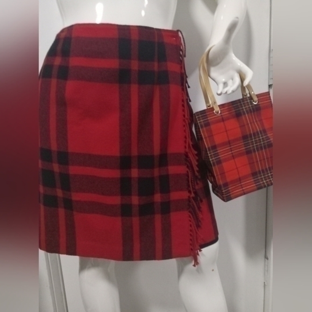 TALBOTS RED & BLACK PLAID WOOL WRAP SKIRT With Bag NWOT